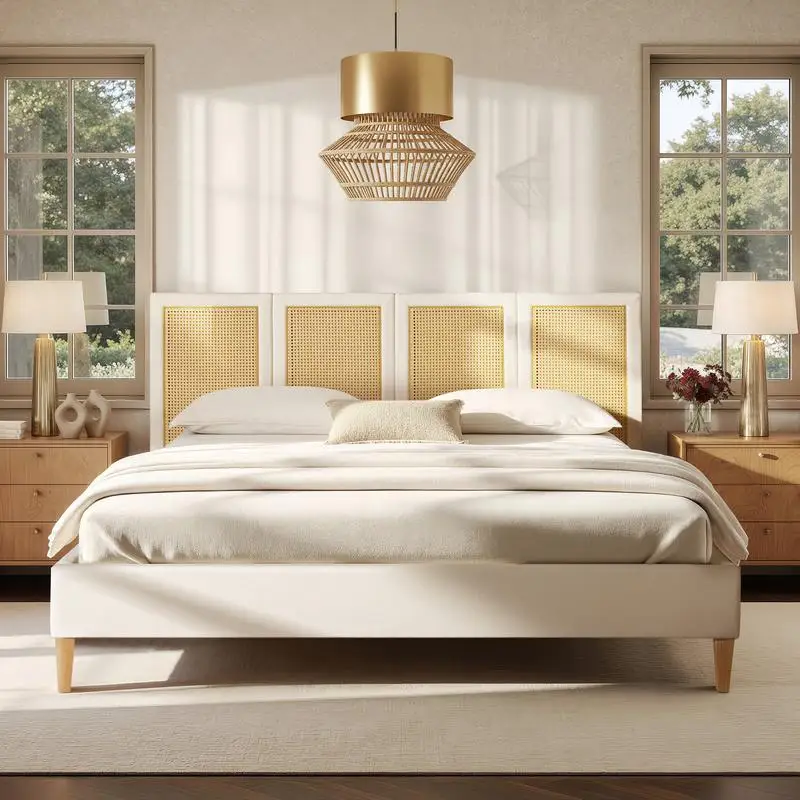 

Upholstered Cane Back King Platform Bed in Antique White Polyester, Elegant Design for Modern Bedrooms, Stylish and Comfortable