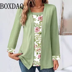 2024 New Women's Fake Two-Piece Top Fashion Plus Size Square Collar Print Blouses Autumn Winter Casual Loose Long Sleeve T-Shirt