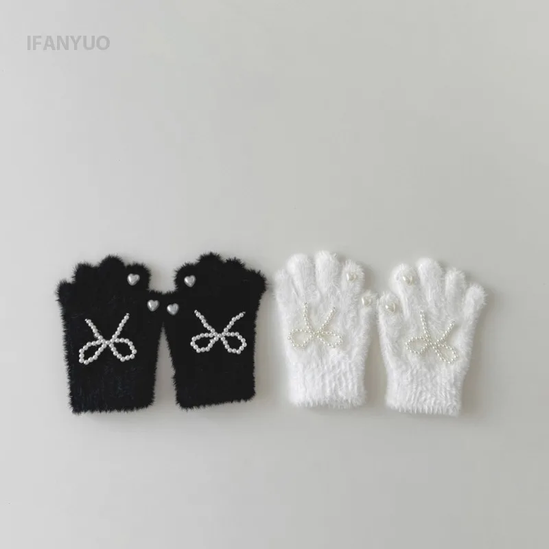 3-8Years Children's Gloves Autumn Winter 2024 New Windproof Warm Knitted Plush Cartoon Pearl Bow Girls' Love Wholesale Gloves