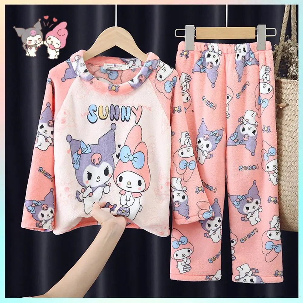 Spring Autumn Kawaii Kuromi Cinnamoroll Thin Flannel Pajamas Cartoon Sanrioed Korean Print Pajama Set for Children's Homewear