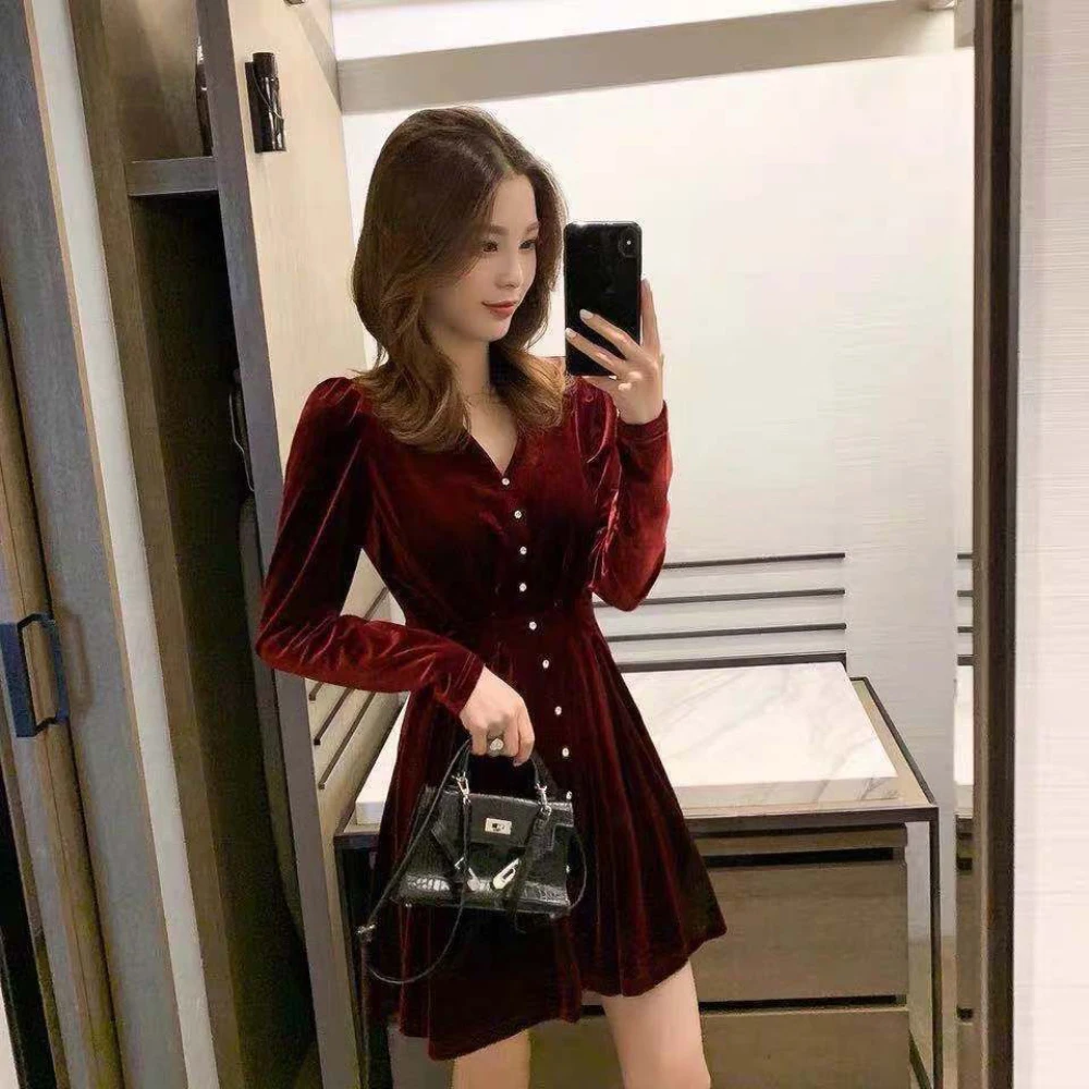 Velvet Dress for Women Autumn Elegant Temperament Velour Solid V-Neck A-Line Long Sleeve Short Office Lady Dresses for 18-24Y