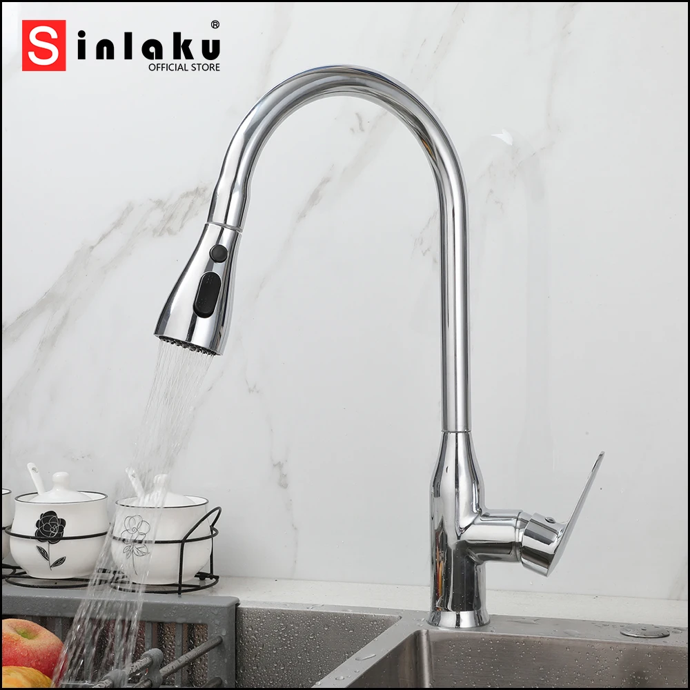 SINLAKU 360° Swivel Kitchen Faucet Deck Mounted Pull Out Hot And Cold Water Single Hole Multiple Colors Retractable Mixer Taps