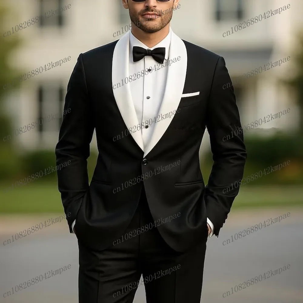 

New White Collar And Black Men Formal Tuxedos Groom Groomsman Wedding Party Prom Male Business Suit 2 Piece Set Blazer Pants