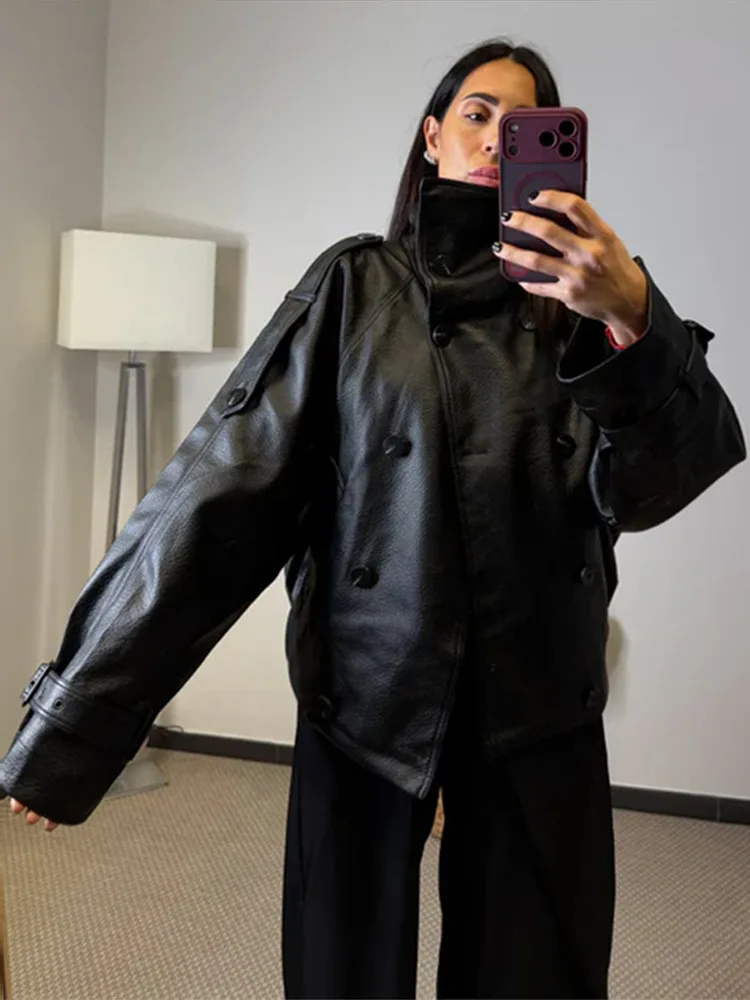 Vintage Stand Collar Faux Leather Jacket Women Double Breasted Pockets PU Black Coat 2026 Autumn Winter Moto Biker Outerwear