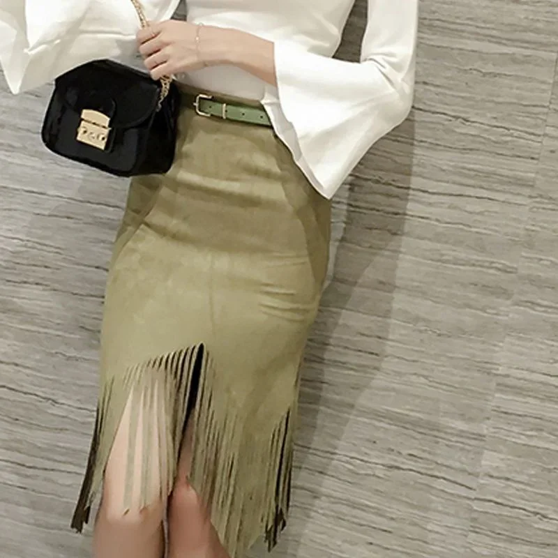 Women\'s Irregular Tassel Skirt High Waist Bodycon Pencil Midi Skirt Office Slim Sexy Suede Skirts For Women Spring Summer C487