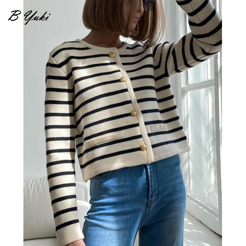 Blessyuki Vintage Stripe Knitted Cardigan Sweater Women 2023 Autumn New Loose O-Neck Single-breasted Cropped Cardigan Female Top