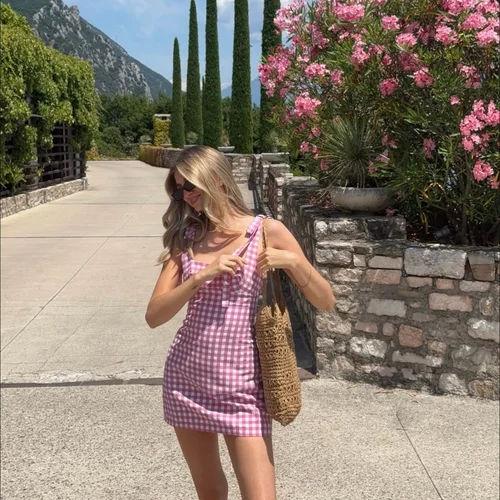 Imagen 2 del producto BSAY vestido para mujer moda novedad de verano a cuadros sólido pliegue espalda descubierta Sling sin mangas Mini vestidos Chic mujer noche francesa