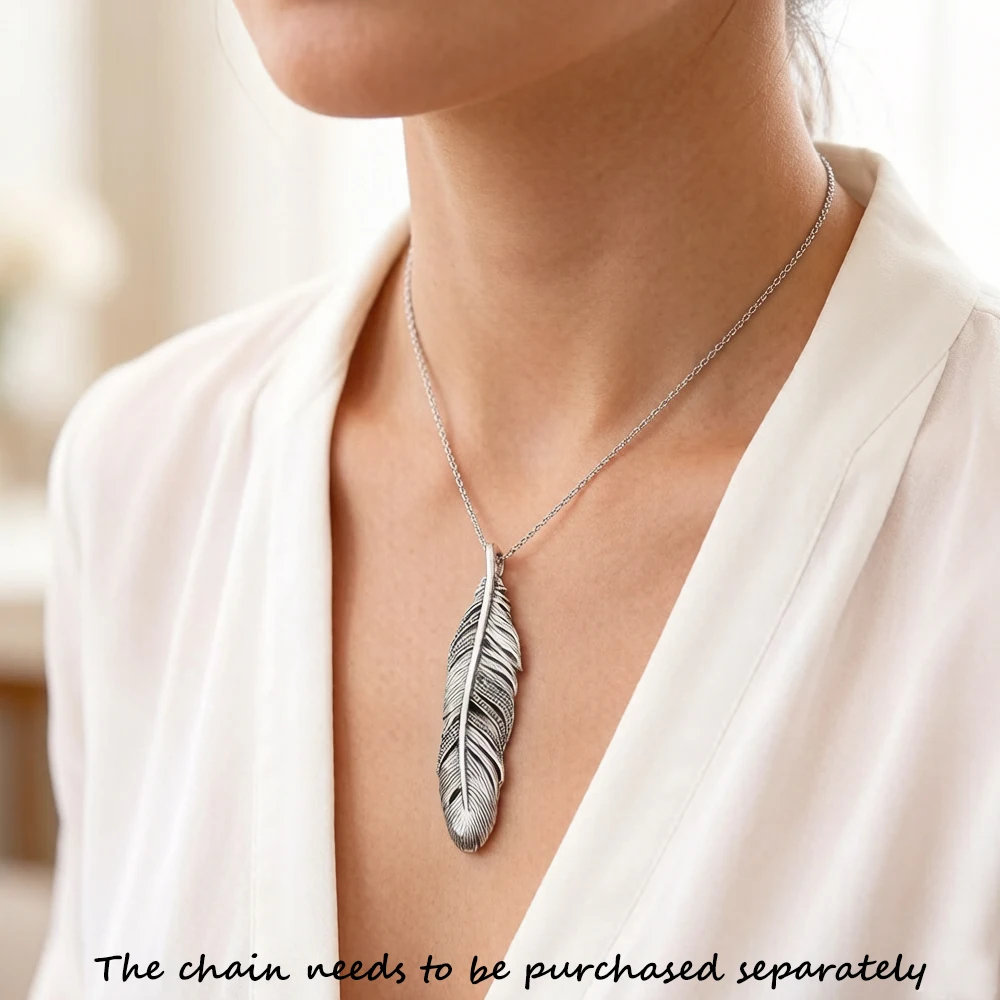 Black Feather Pendant Necklace - 925 Sterling Silver