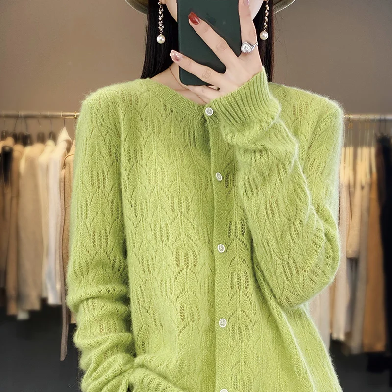 Autumn/ Winter New Cashmere Sweater Women's Knitted O-Neck Cardigan Casual Loose Mesh Clothing Top Fashion Korean Version Jacket