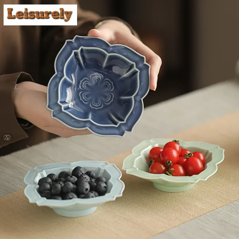 Sifang Lotus Straw Hat Fruit Dishes Ancient Pastry Plate Self-help Display Home Table Decoration Trays Serving Tray Craft Gift