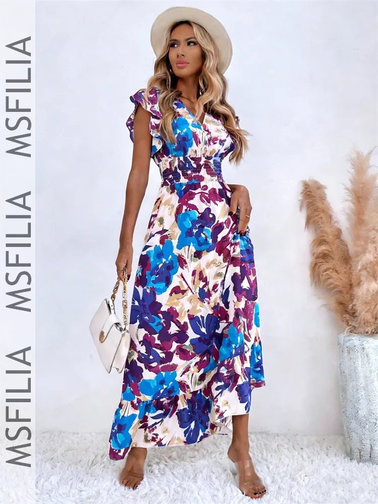 Msfilia Spring Summer Fashion Long Print Dress Women Casual V Neck Print A Line Dress Female