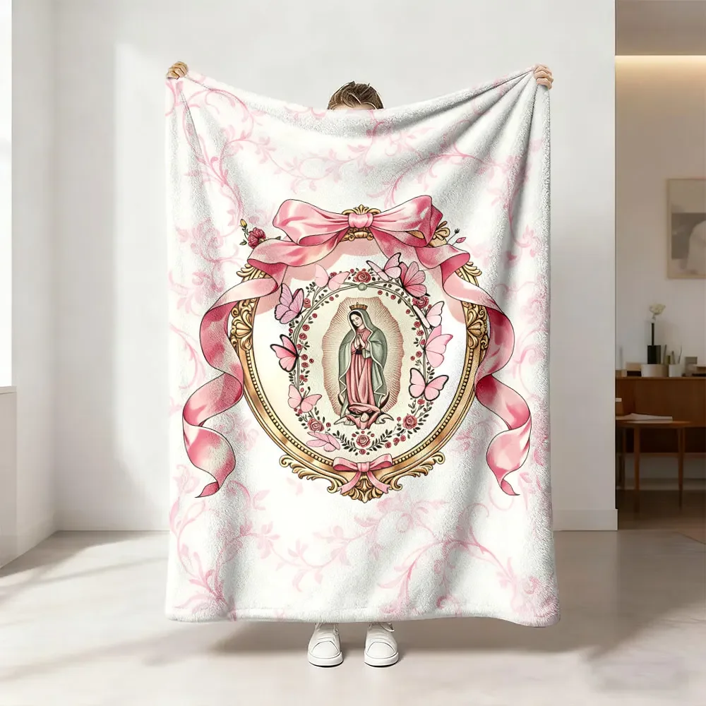 Elegant Religious Icon Pink Floral Embroidered Queen of Heaven Throw Blanket Cozy Home Decor Gift 150x200cm
