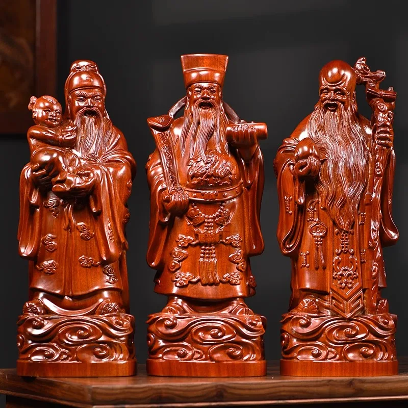 Premium Rosewood Three Star Gods (Fu Lu Shou) Statue Set - Hand Carved Wooden Figurines, Birthday Gift for Elders