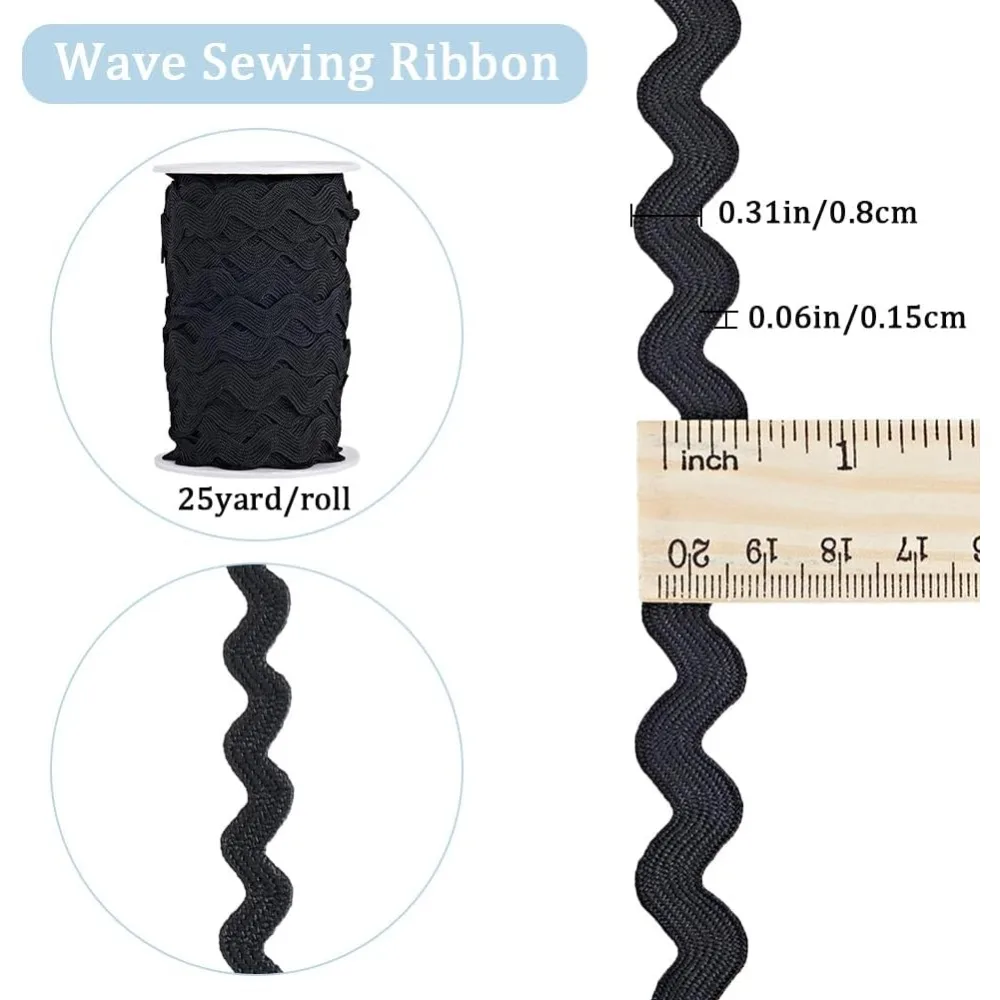 Polyester Wavy Fringe Trim Wave Bending Lace Ribbon for Clothes Sewing and Art Craft Decoration Black 1/4 inch(8mm)