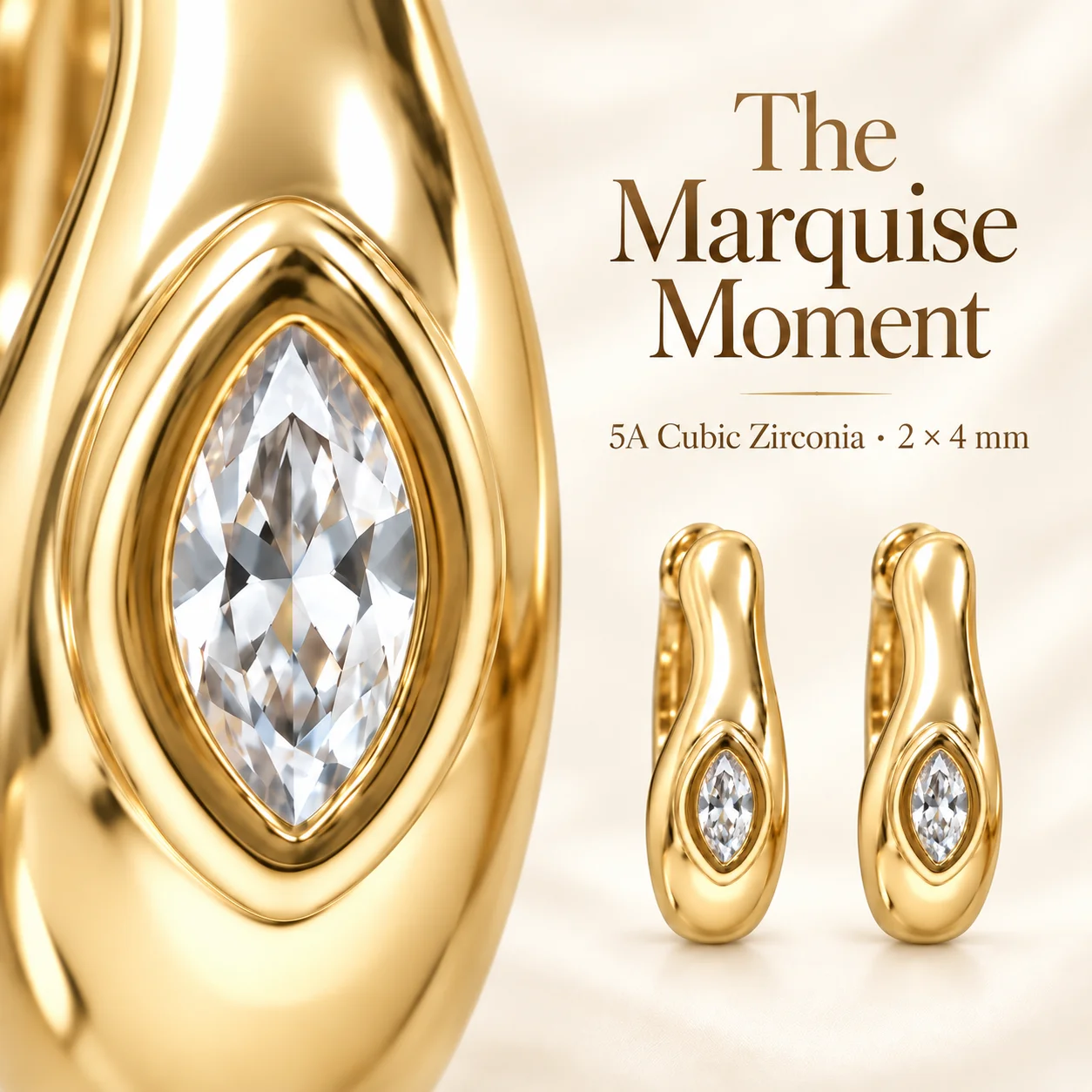 Moonmory Einzigartiges Design Lava-Creolen für Damen, 5A Marquise CZ Unregelmäßige Messing-Creolen, 14K Vergoldet, Großhandelsschmuck – Detail 6