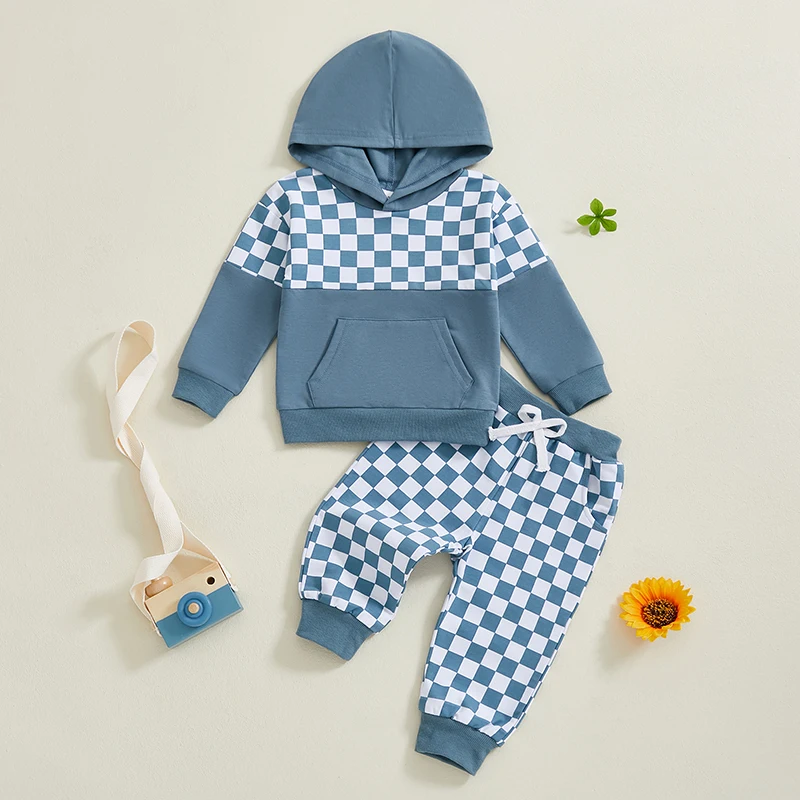 Herbst-Outfits für Kleinkinder und Jungen, kariertes Print-Langarm-Kapuzenpullover mit elastischem Bund und langen Hosen-Set