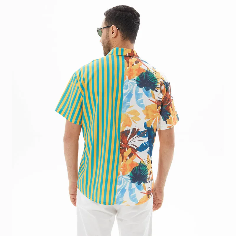 Camicie a maniche corte da spiaggia hawaiana da uomo estive moda Casual allentata oversize Patchwork stampata a righe con risvolto a contrasto