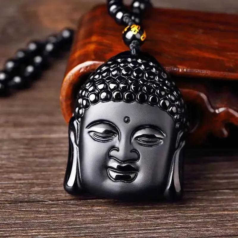 Classic Obsidian Buddha Head Lucky Amulet Pendant Tathagata Buddha Necklace Religious Buddhist Jewelry Gift for Men and Women