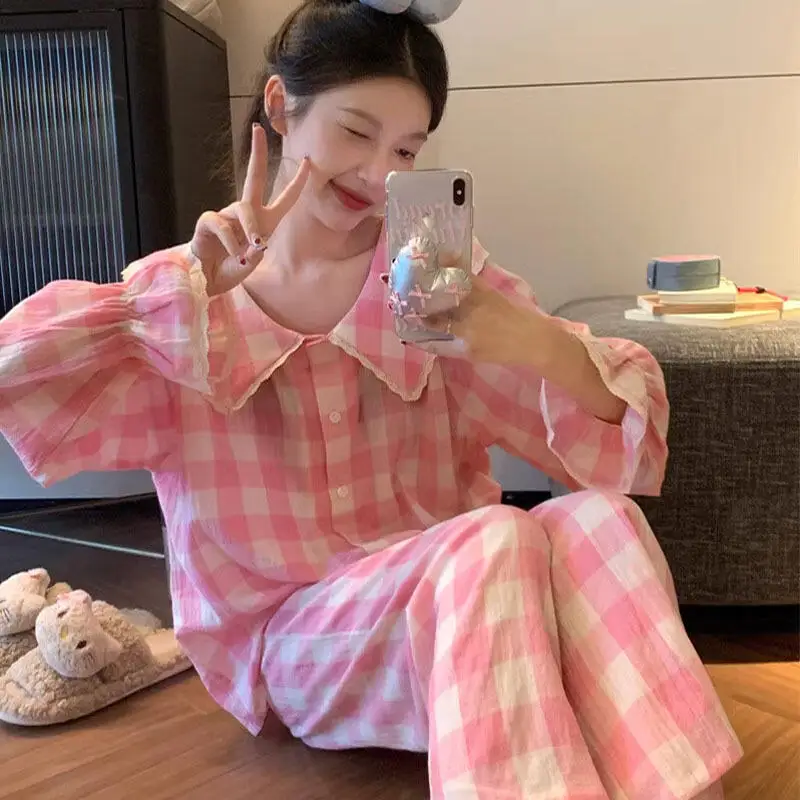 Spring Autumn New Women Simple Light Luxury Fashion Skin friendly Comfort Casual Long sleeved Pajamas Two piece Home Clothes Set