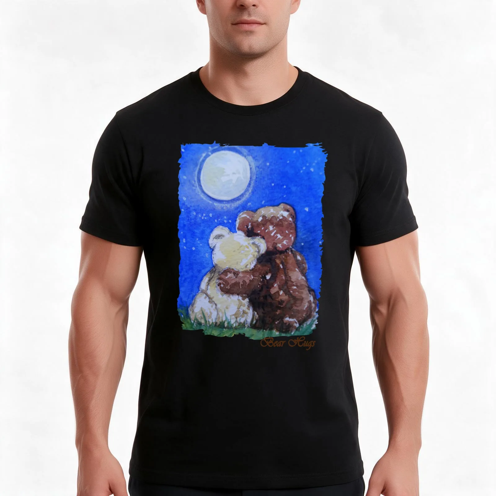 Moonlight Bear Hugs T-Shirt Summer Casual Cotton Tee Oversized Streetwear Tops Vintage Graphic Print Loose Fit Short Sleeve