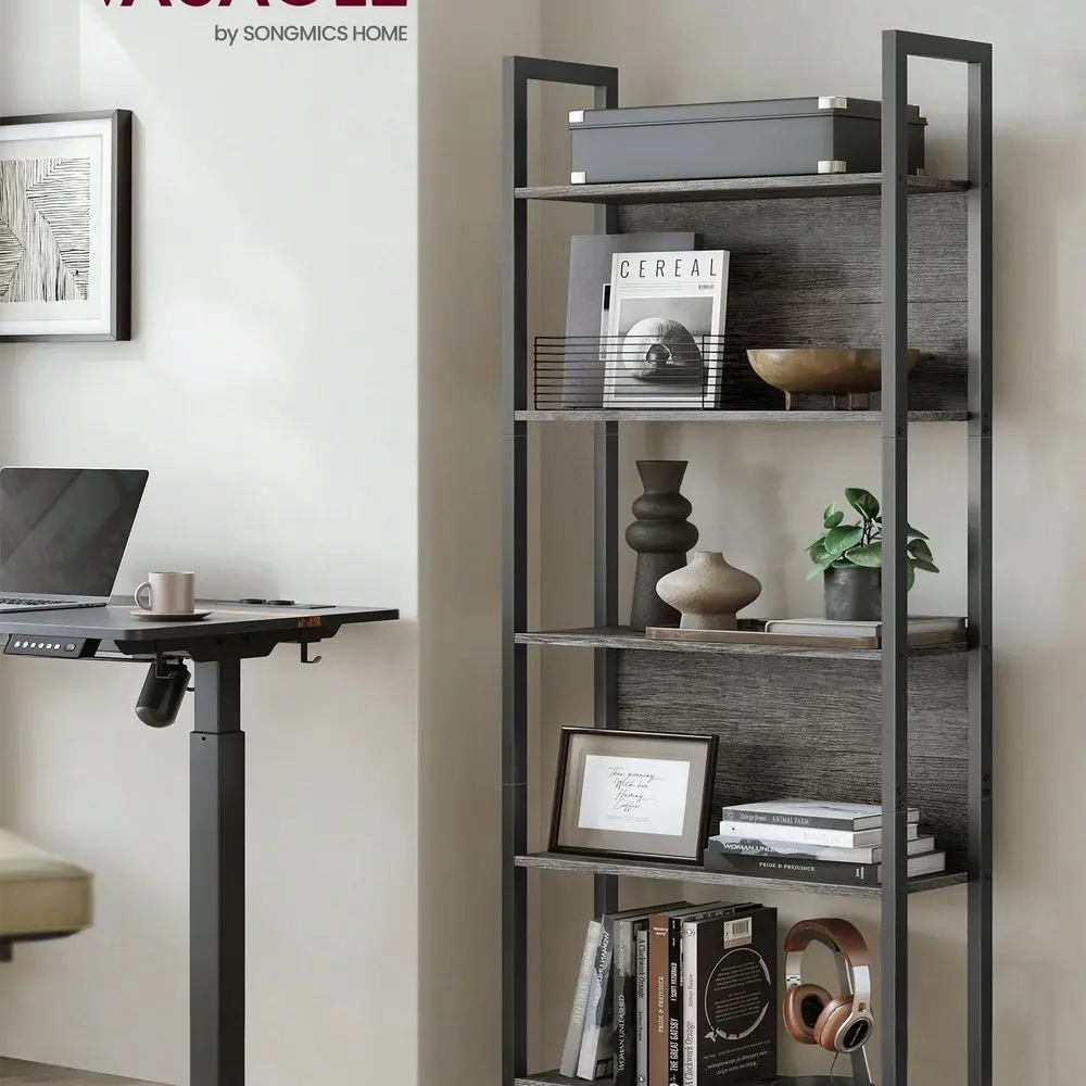5-Tier Bookshelf, Book Shelf, Industrial Bookcase, With Steel Frame, For Living Room, Office, Bedroom, 9.4 X 24.4 X 65 Inches