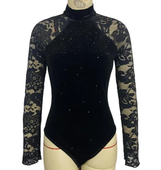 

Female Fashion Slim Bodysuits Autumn New Long Sleeve Retro Party Sexy & Elegant Lace Splice Skinny Jumpsuit for Women's Wear