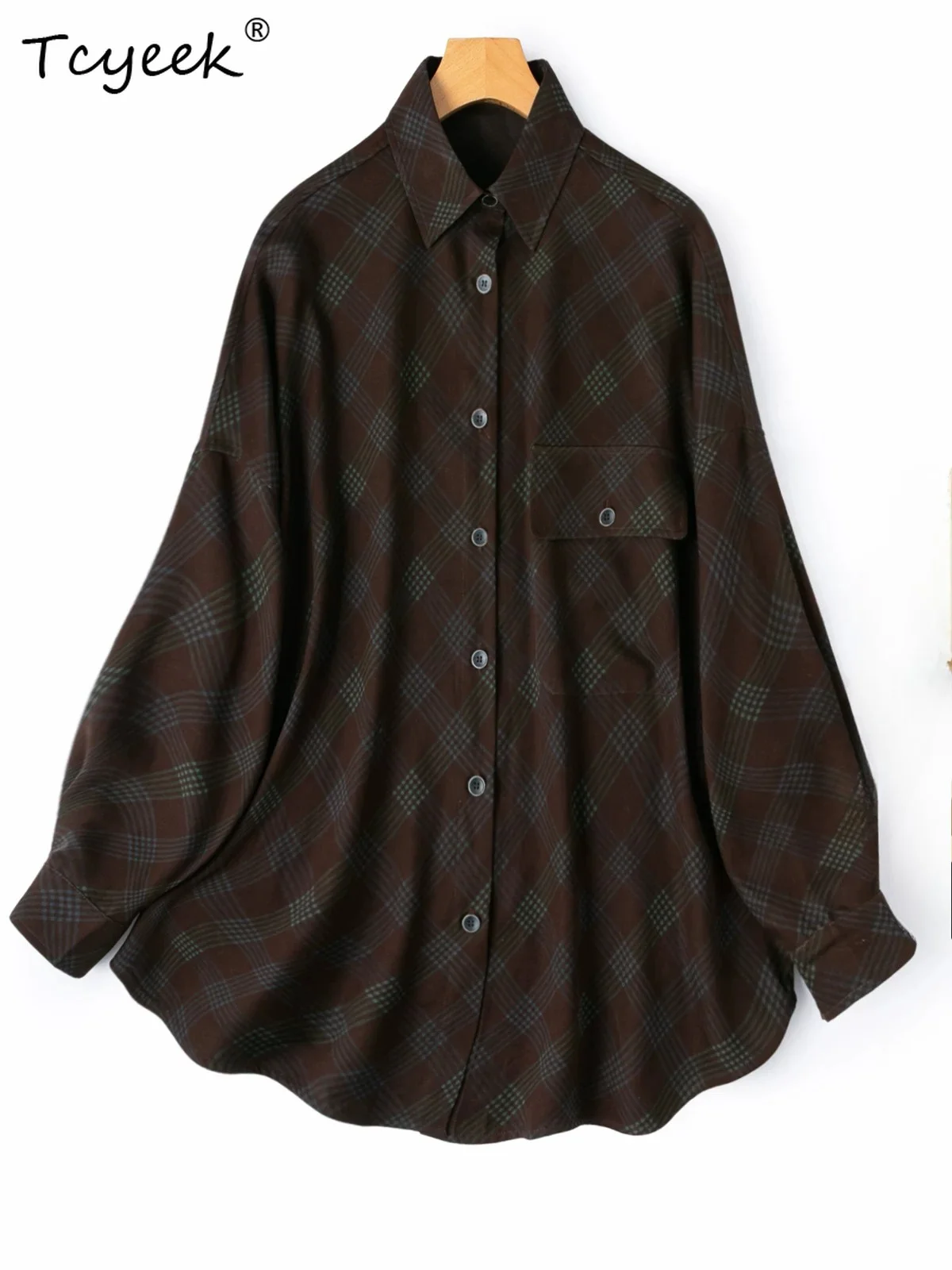 

Tcyeek 100% Mulberry Silk Shirt 2026 Summer Clothes Elegant Womens Blouses Long Sleeve Top Women Plaid Loose Fit Блузка Женская