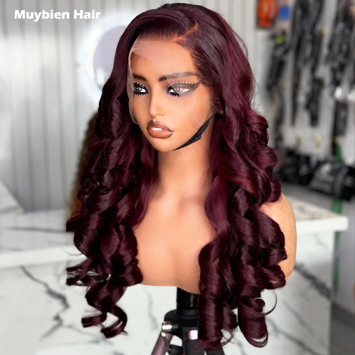 

Human Hair Dark Burgundy Bouncy Curly Glueless Wig 13x6 13x4 HD Lace Front Wine Color Bouncy Wave Wigs for Woman Ready to Wear