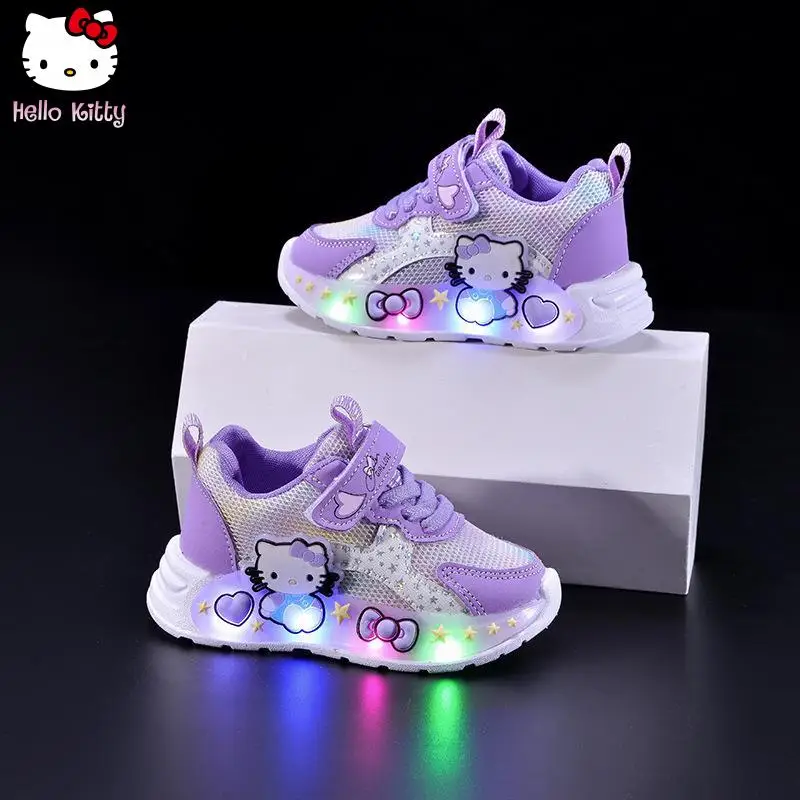 

Hello Kitty, весенне-осенние новые светодиодные светящиеся спортивные легкие туфли с героями мультфильмов Sanrio, детские модные кроссовки с сеткой в стиле каваи и аниме