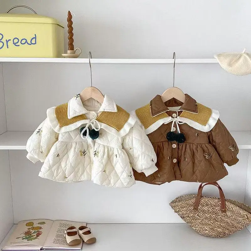 

Baby Clothing Winter Korean Version Cotton Jacket Warm Embroidered Coat for Girl Baby Collar With Plush Thick Coat