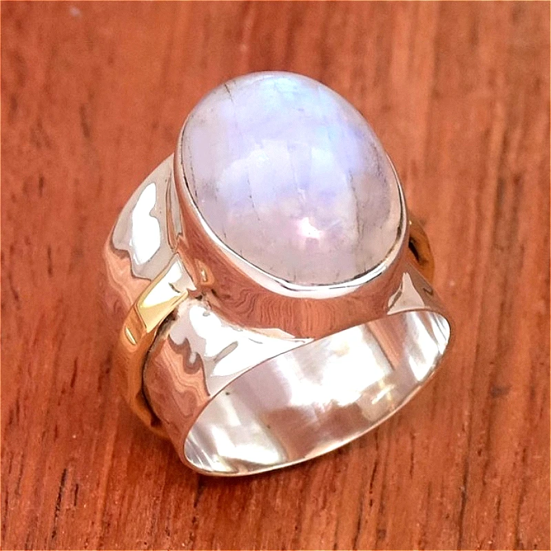 Vintage-Ring mit eingelegtem ovalem, glattem synthetischem Mondstein für Damen, eleganter Stil, Hochzeitstag, Schmuckzubehör