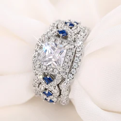 Huitan 3Pcs Set Rings Luxury Wedding Accessories Princess White/Blue CZ New Fashion Female Accessories Engagement Party Jewelry