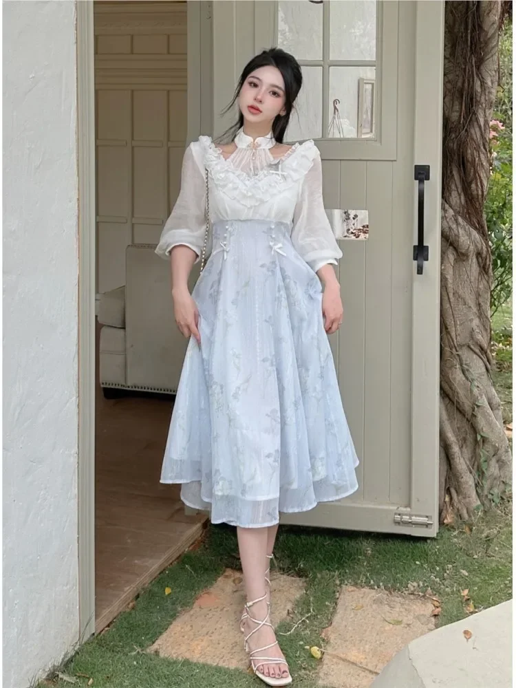 Elelgant Women Summer French Vintage Floral Midi Dress Korean Sweet Square Collar Birthday Party Vestidos Slim A-line Clothing
