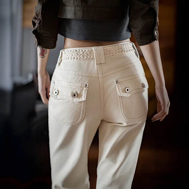 Maden Vintage Women’s Casual 100% Cotton Pants Mid Rise Versatile Beige Pants Slim Fit Flare Trousers for Autumn and Winter