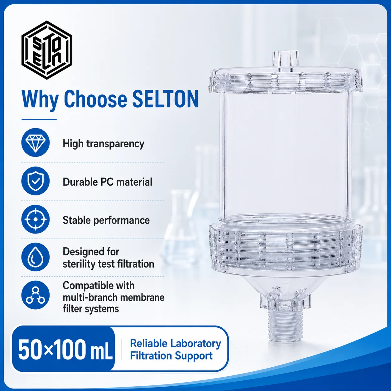entonnoir-filtrant-en-polycarbonate-selton-50-mm-100-ml-pour-test-de-sterilite-filtration-par-membrane-systeme-de-filtration-de-laboratoire-multi-branche