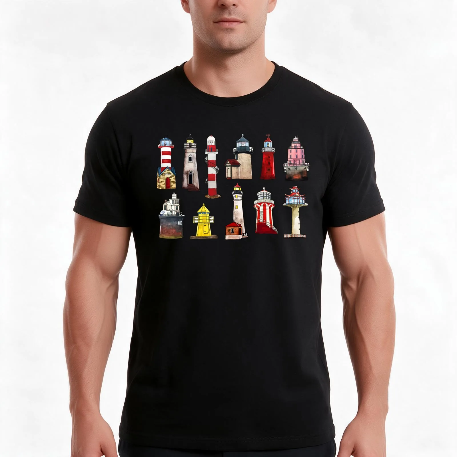 Watercolor lighthouses of world T-Shirt, Summer Casual Cotton Tee, Oversized Streetwear Tops, Vintage Graphic Print, 100% Cotton