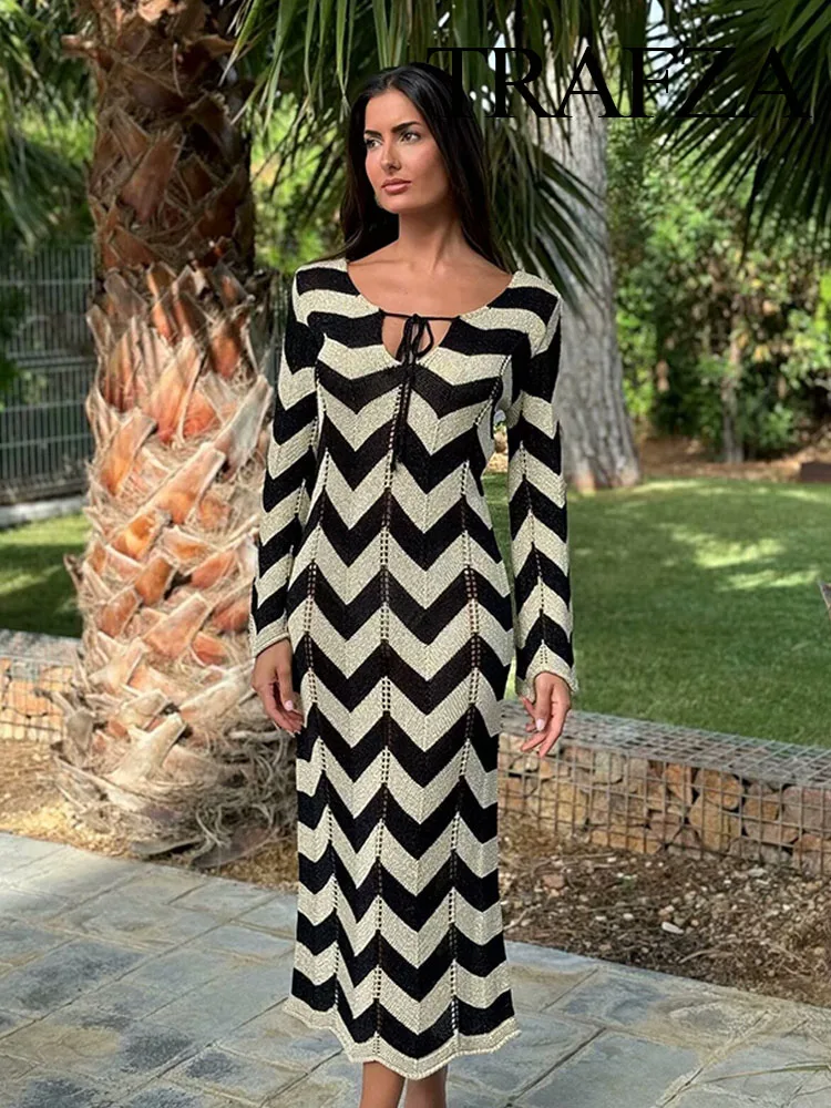 

TRAFZA Female Summer Beach Style Dresses Black Wavy Stripe O-Neck Long Sleeves Hollow Out Lace-Up Decorate Women Fashion Dresses