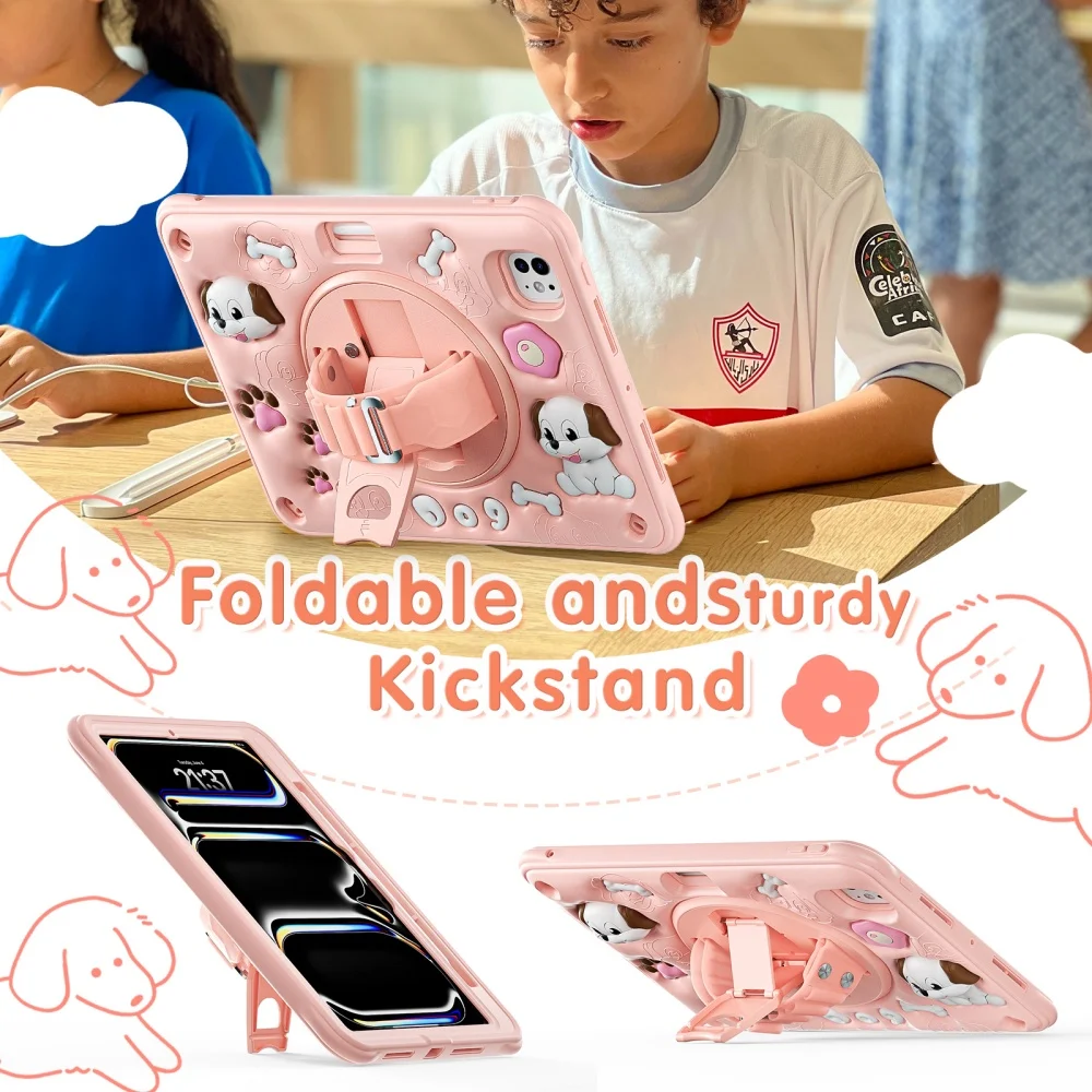 Cute Cartoon Kids Bracket Tablet Case for iPad 11th Gen A16 2025 Air11 Case for IPad10th 9/8/7th Rotation Funda Shockproof Cover