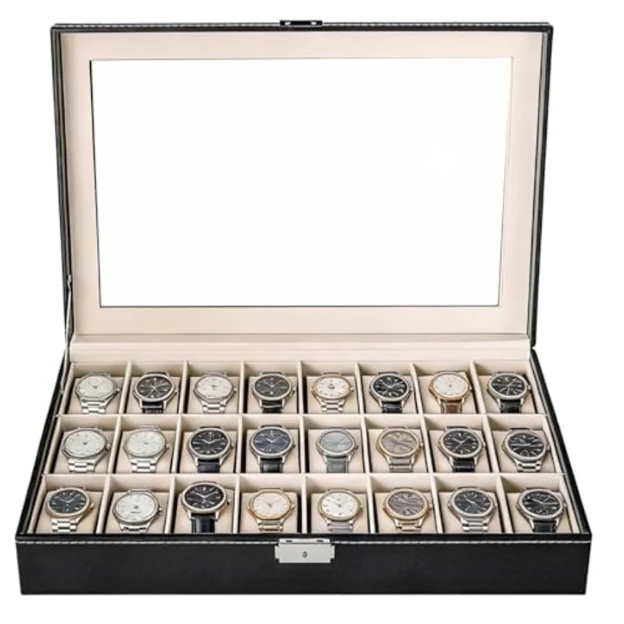 

24 Slots Watch Box, PU Leather Watch Display Case, Lockable Watch Storage Organizer with Removable Pillows for Men and Women, J