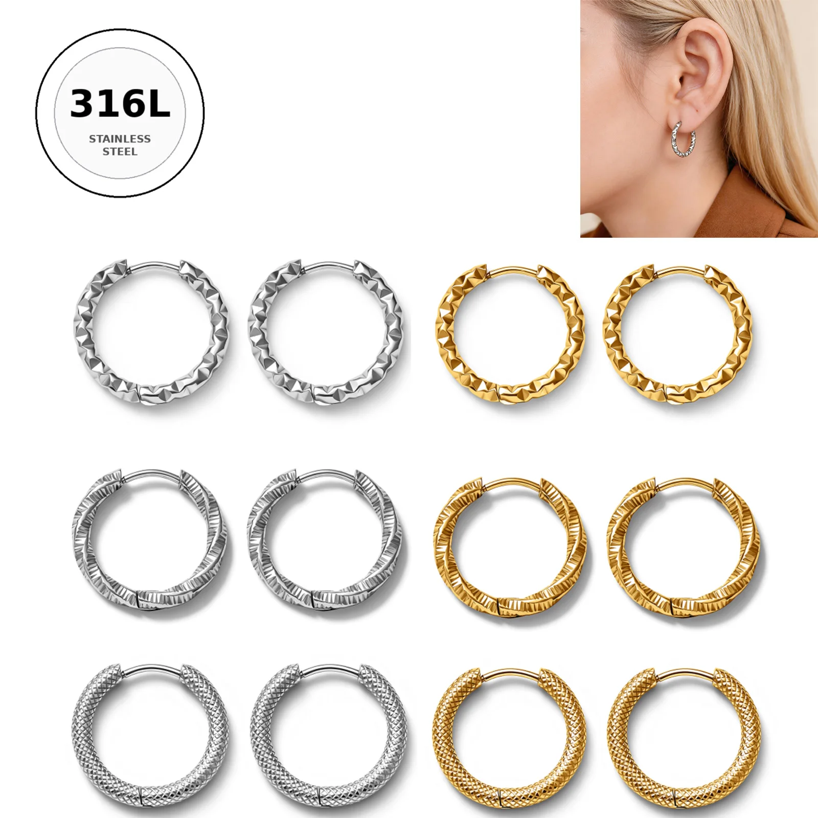 Stainless Steel Textured Hoop Earrings Hinged Clicker Segment Ring Silver Gold Cartilage Helix Tragus Body Piercing Jewelry