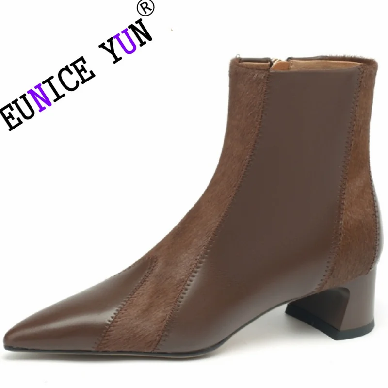 

【EUNICE YUN】Women Brand Ankle Boots Genuine Leather Shoes for Mature Elegant Concise High Heels Shoes Autumn Winter Boots 34-40