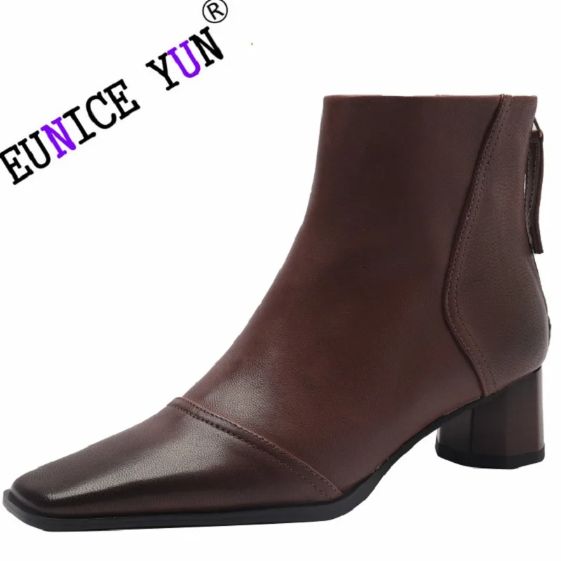 

【EUNICE YUN】Women Genuine Leather Ankle Boots Square Toe Block High Heels Zipper Chelsea Short Lady Fashion Shoes Autumn Winter