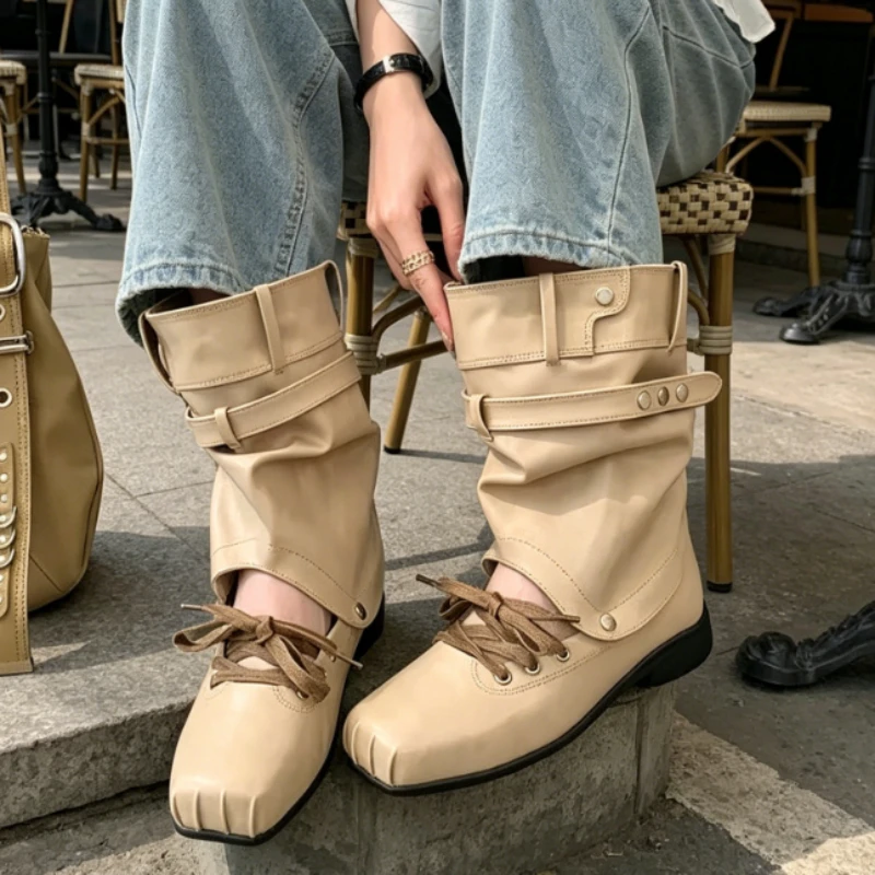 Designer Square Toe Women's Boots Sandals Flats Mid Calf Leather Shoes 2026 New Goth Trend Chelsea Boots Summer Cozy Woman Shoes