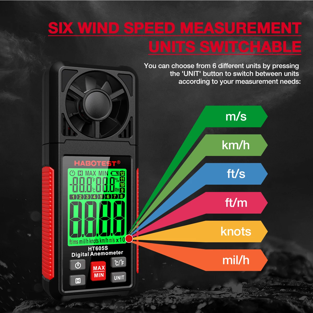 HABOTEST HT605S Digital Anemometer Handheld Portable Wind Speed Meter Air Velocity Gauge LCD Display Temperature Humidity Meter