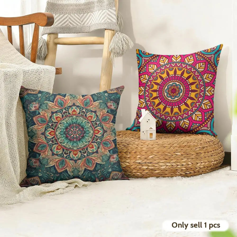 Mandala Style Decorative Cushion Cover Natural Linen Double Sided Print  Throw Pillow Case for Sofa Couch Home Decor