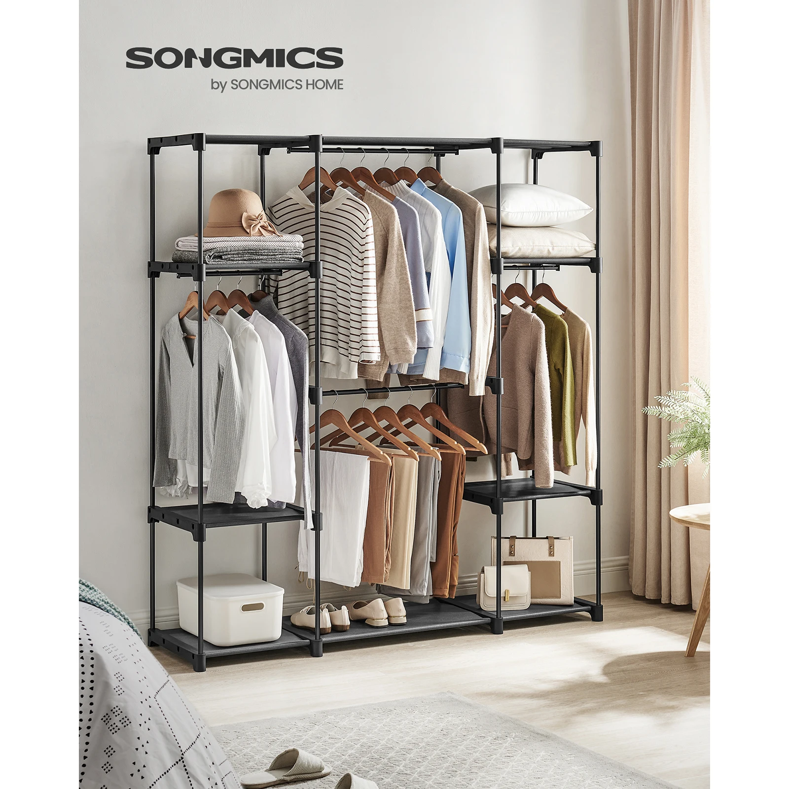 SONGMICS Clothes Wardrobe: 43x151x166cm, Portable Closet, 4 Hanging Sections, Compartments, Large Capacity, Bedroom, Living Room