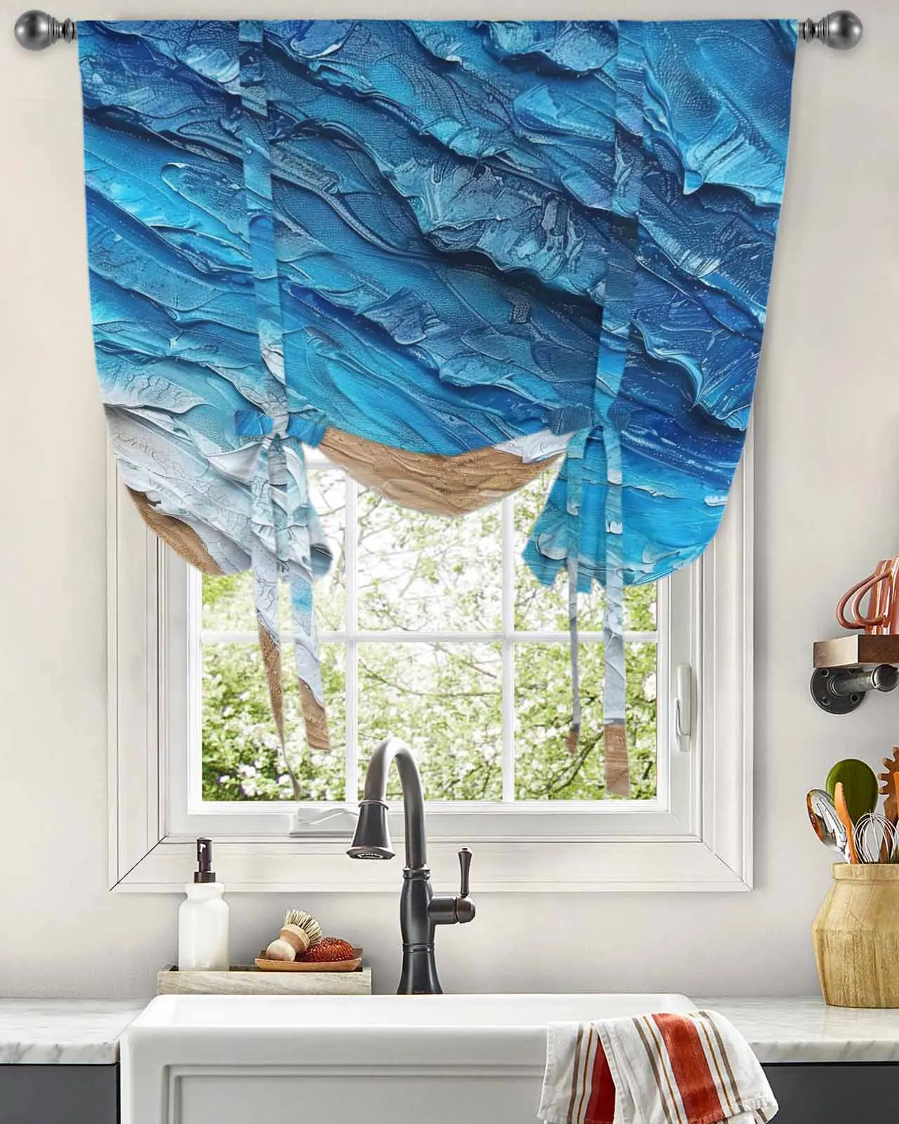 

Занавески на окна «морские волны», пляжные шторы с градиентом синих волн для гостиной, занавески для дома, Короткие шторы с завязкой для кухни