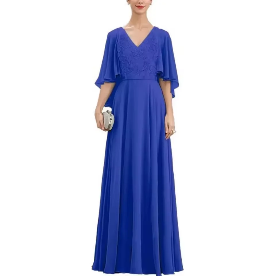 

Customized Mother of The Bride Dress Chiffon V Neck Floor Length Wedding Guest Dress Formal Party Evening Dresses for Women