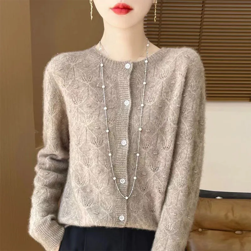 Autumn And Winter New Hollow Round Neck Cardigan Women's Jacquard Loose Wool Knitted Long-Sleeved Coat Top
