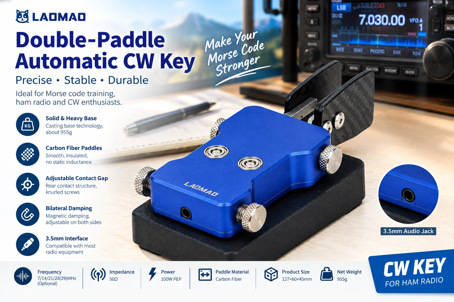 Blue Double-Paddle Automatic CW Key 3.5mm Shortwave Radio Morse Code Key Telegraph Training Key